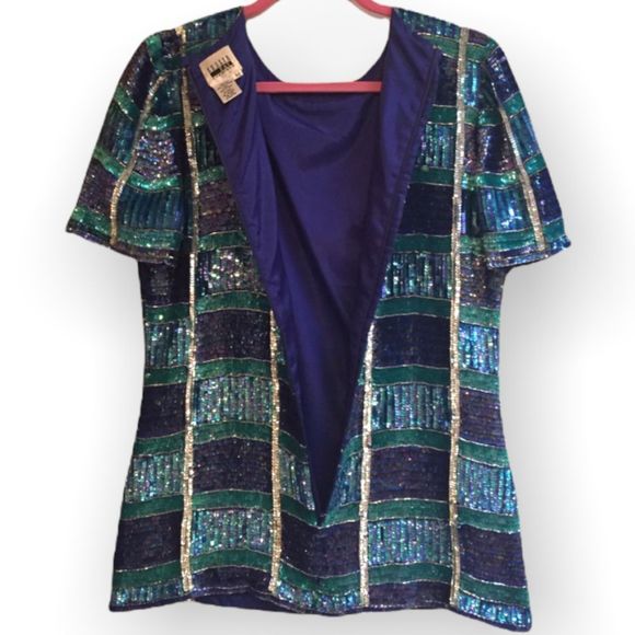Leslie Fay Evenings 100% Silk Beaded Sequined Top M - Picture 3 of 5